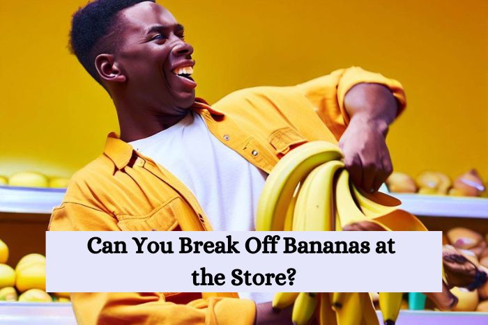 A vibrant and colorful hero image featuring a person confidently breaking off a banana from a bunch at a grocery store