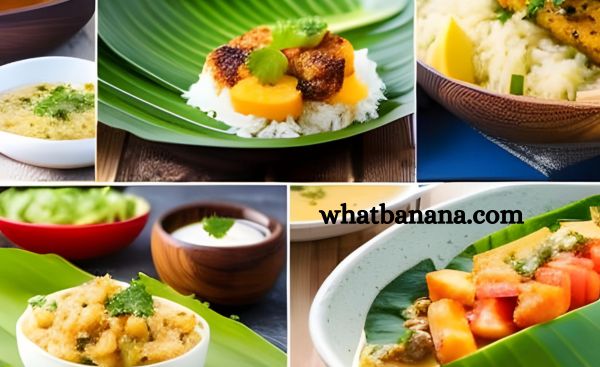 A collage of different dishes using banana leaves 