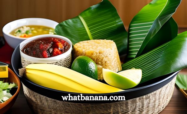 A steamer basket with banana leaves