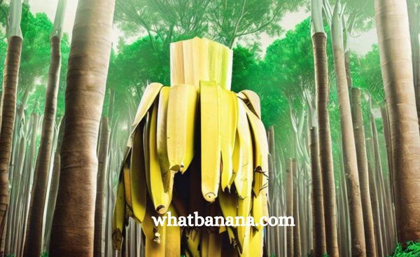 A lush green forest with towering trees, where the trunks are replaced by giant banana peels