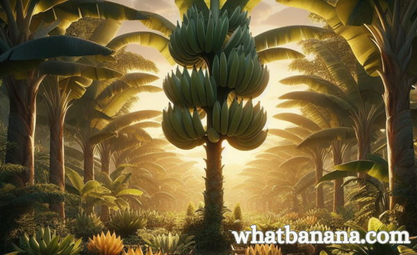 a thriving banana plantation with healthy banana plants and a variety of banana bunches.