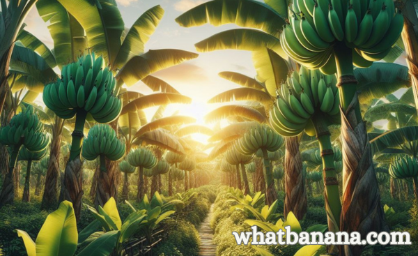 a thriving banana plantation with healthy banana plants and a variety of banana bunches.
