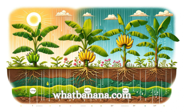 An illustration showcasing bananas growing in various environmental conditions