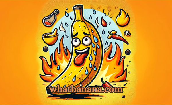 A digital illustration of a banana character with a fiery expression